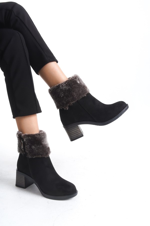 KATYA Fermuarlı Ortopedik Taban Topuklu Kürk Detaylı Süet Kadın Bot  SST - Siyah