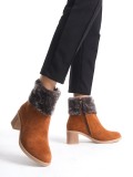 KATYA Fermuarlı Ortopedik Taban Topuklu Kürk Detaylı Süet Kadın Bot  STT - Taba