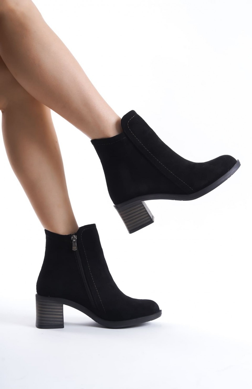 LARISSA Fermuarlı Ortopedik Taban Topuklu Süet Kadın Bot  SST - Siyah