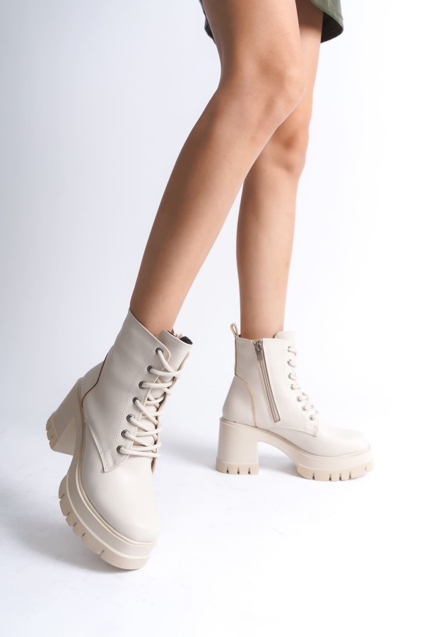 LAUREN Bağcıklı Fermuarlı Ortopedik Taban Topuklu Kadın Bot  CKT - Krem