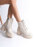 LAUREN Bağcıklı Fermuarlı Ortopedik Taban Topuklu Kadın Bot  CKT - Krem
