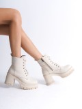 LAUREN Bağcıklı Fermuarlı Ortopedik Taban Topuklu Kadın Bot  CKT - Krem