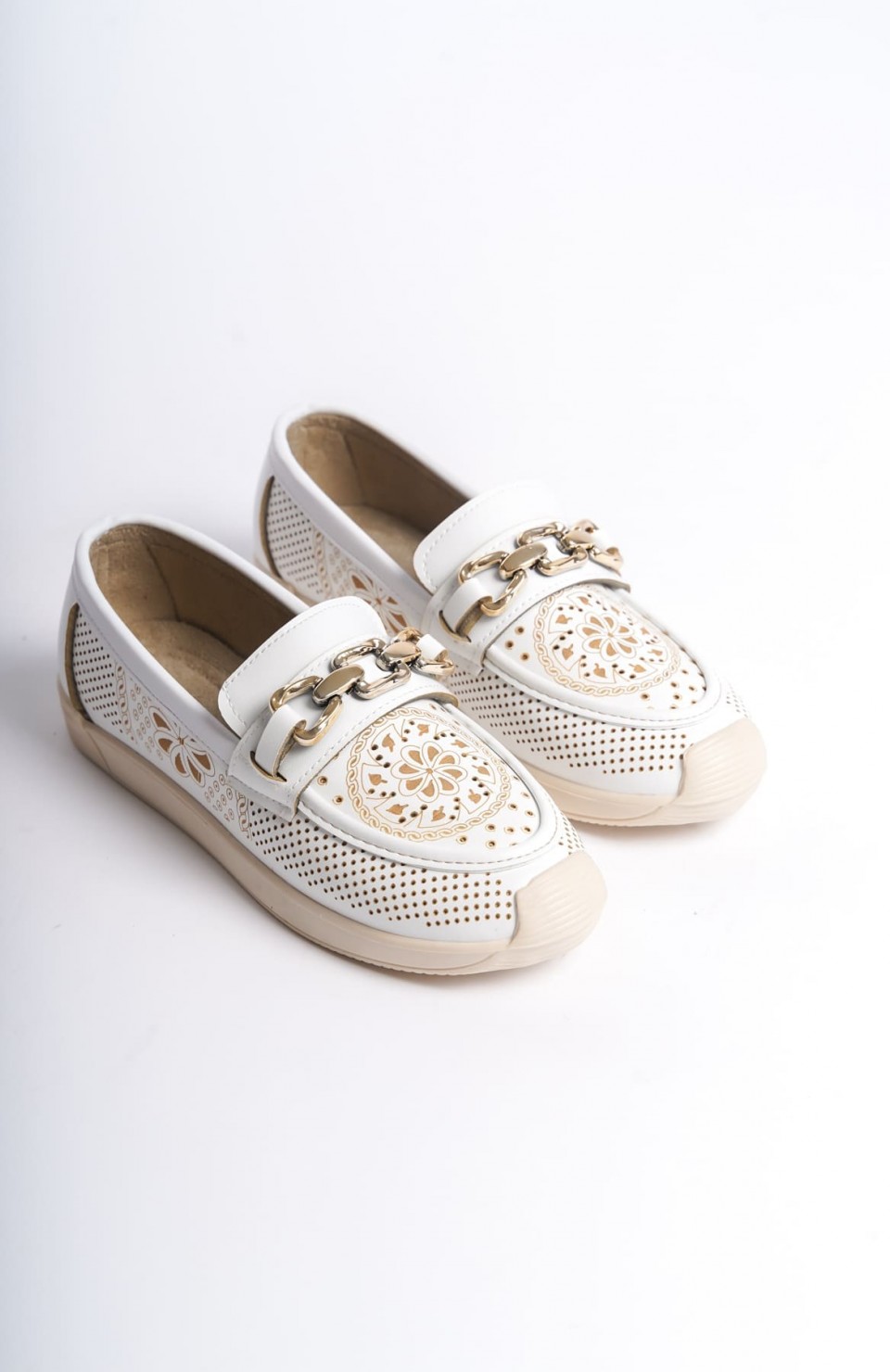 LAYLA Bağcıksız Ortopedik Rahat Taban Çiçek Desenli Kadın Babet Ayakkabı  CKT - Beyaz