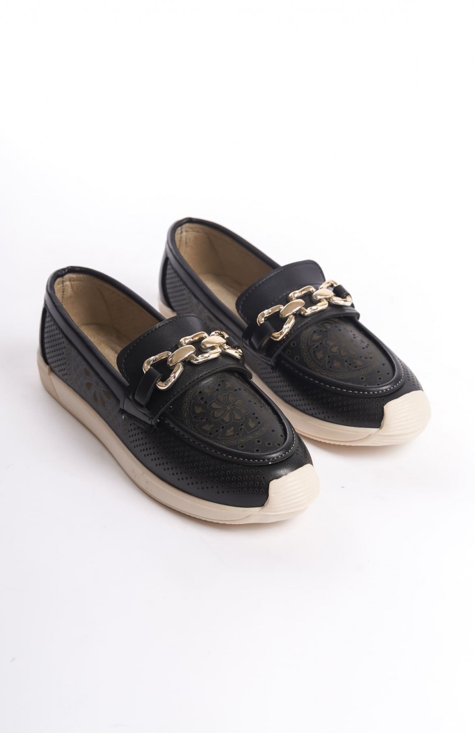 LAYLA Bağcıksız Ortopedik Rahat Taban Çiçek Desenli Kadın Babet Ayakkabı  CKT - Siyah