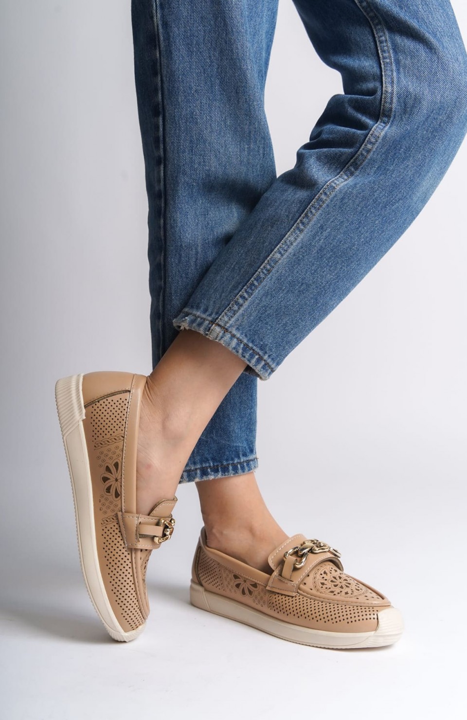 LAYLA Bağcıksız Ortopedik Rahat Taban Çiçek Desenli Kadın Babet Ayakkabı  CKT - Ten