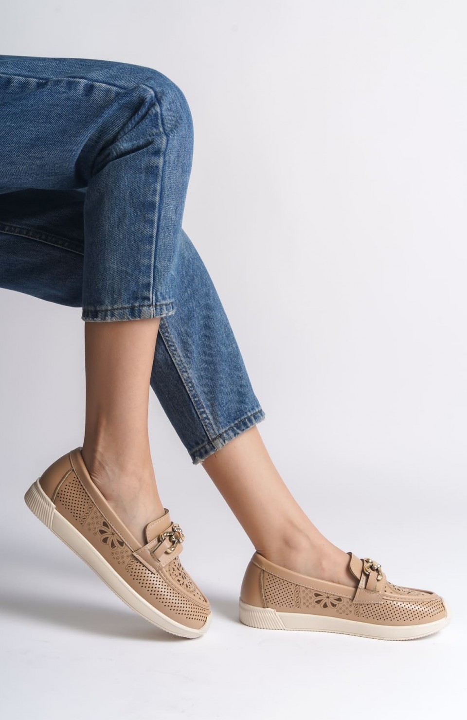 LAYLA Bağcıksız Ortopedik Rahat Taban Çiçek Desenli Kadın Babet Ayakkabı  CKT - Ten