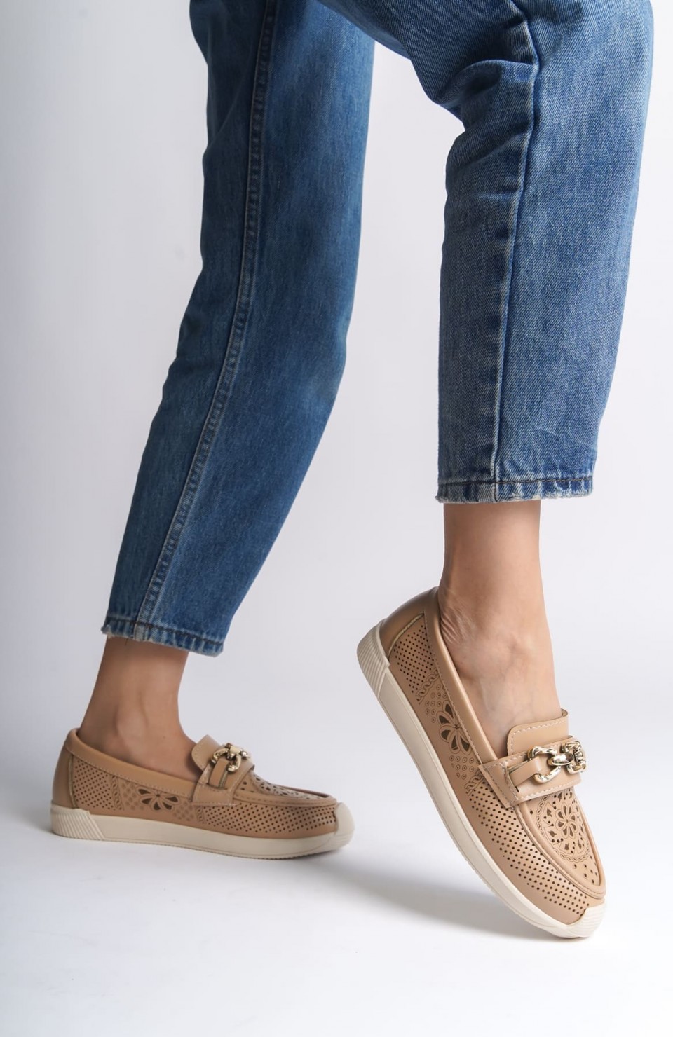 LAYLA Bağcıksız Ortopedik Rahat Taban Çiçek Desenli Kadın Babet Ayakkabı  CKT - Ten