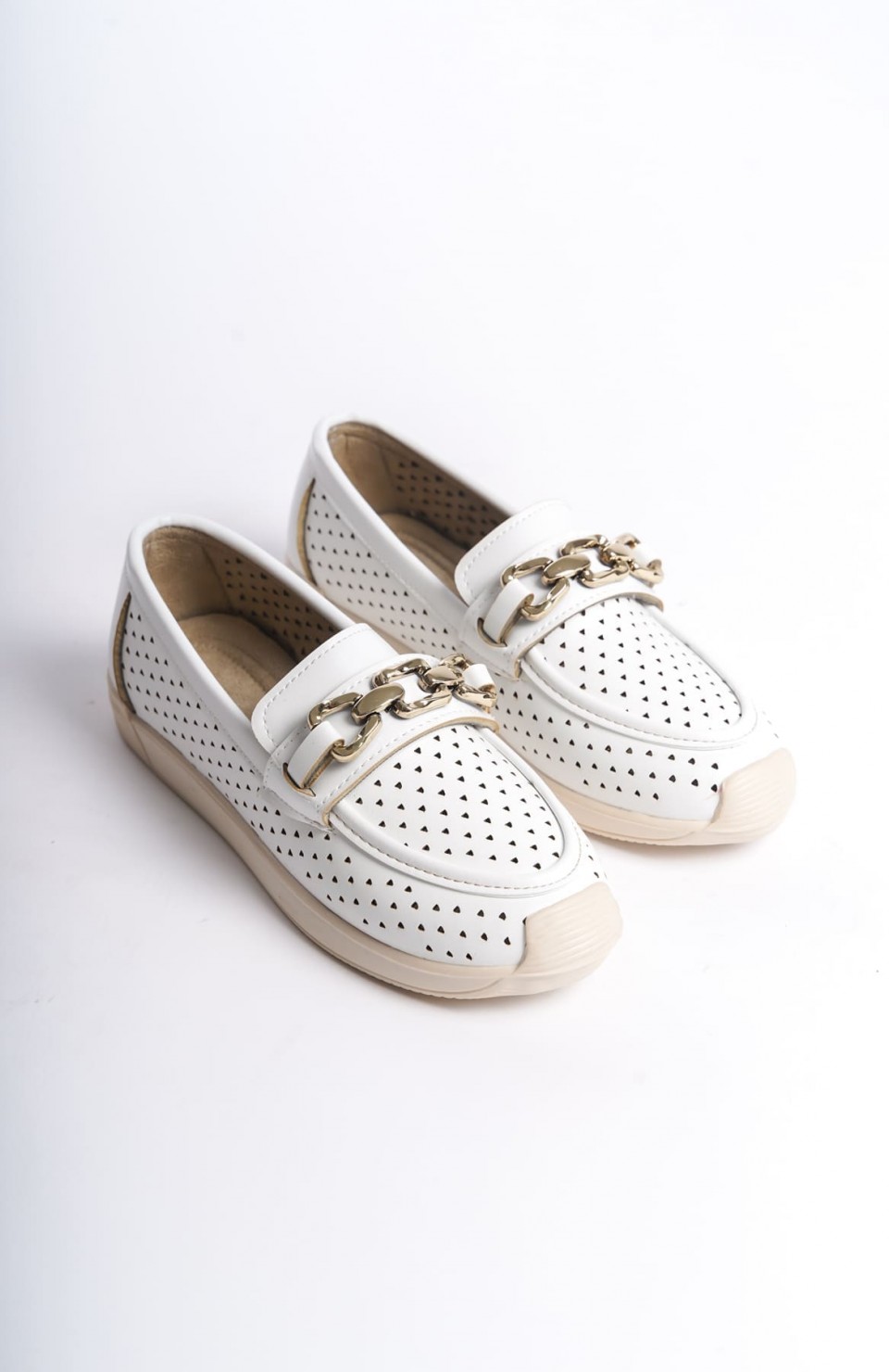 LAYLA Bağcıksız Ortopedik Rahat Taban Kalp Desenli Kadın Babet Ayakkabı  CKT - Beyaz