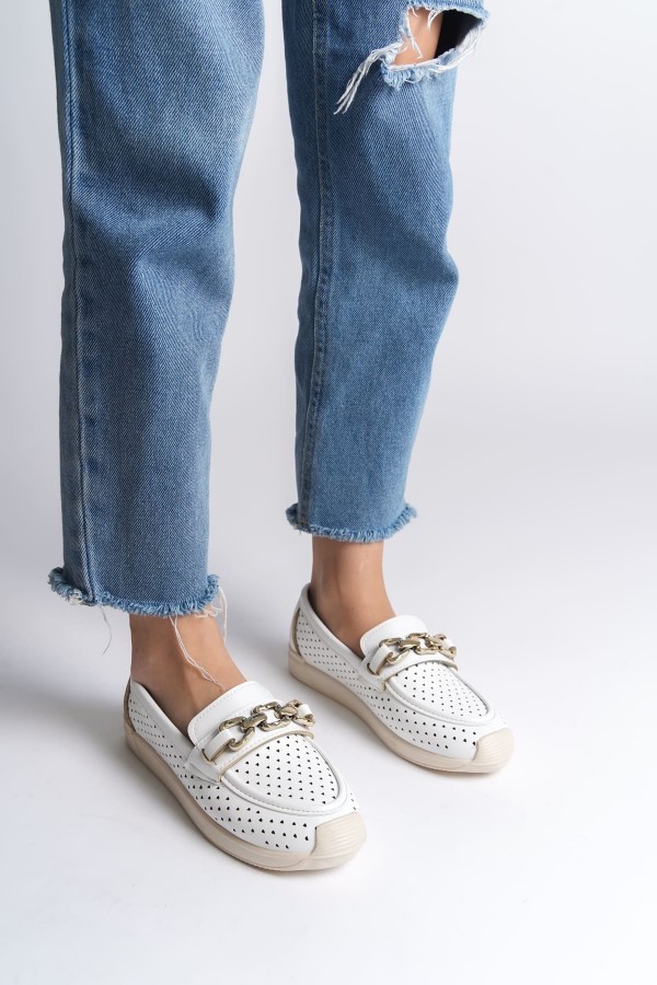 LAYLA Bağcıksız Ortopedik Rahat Taban Kalp Desenli Kadın Babet Ayakkabı  CKT - Beyaz