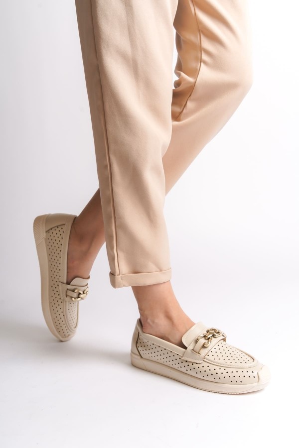 LAYLA Bağcıksız Ortopedik Rahat Taban Kalp Desenli Kadın Babet Ayakkabı CKT - Krem