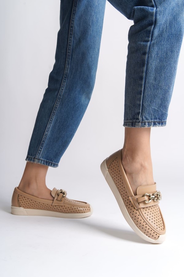 LAYLA Bağcıksız Ortopedik Rahat Taban Kalp Desenli Kadın Babet Ayakkabı CKT - Ten