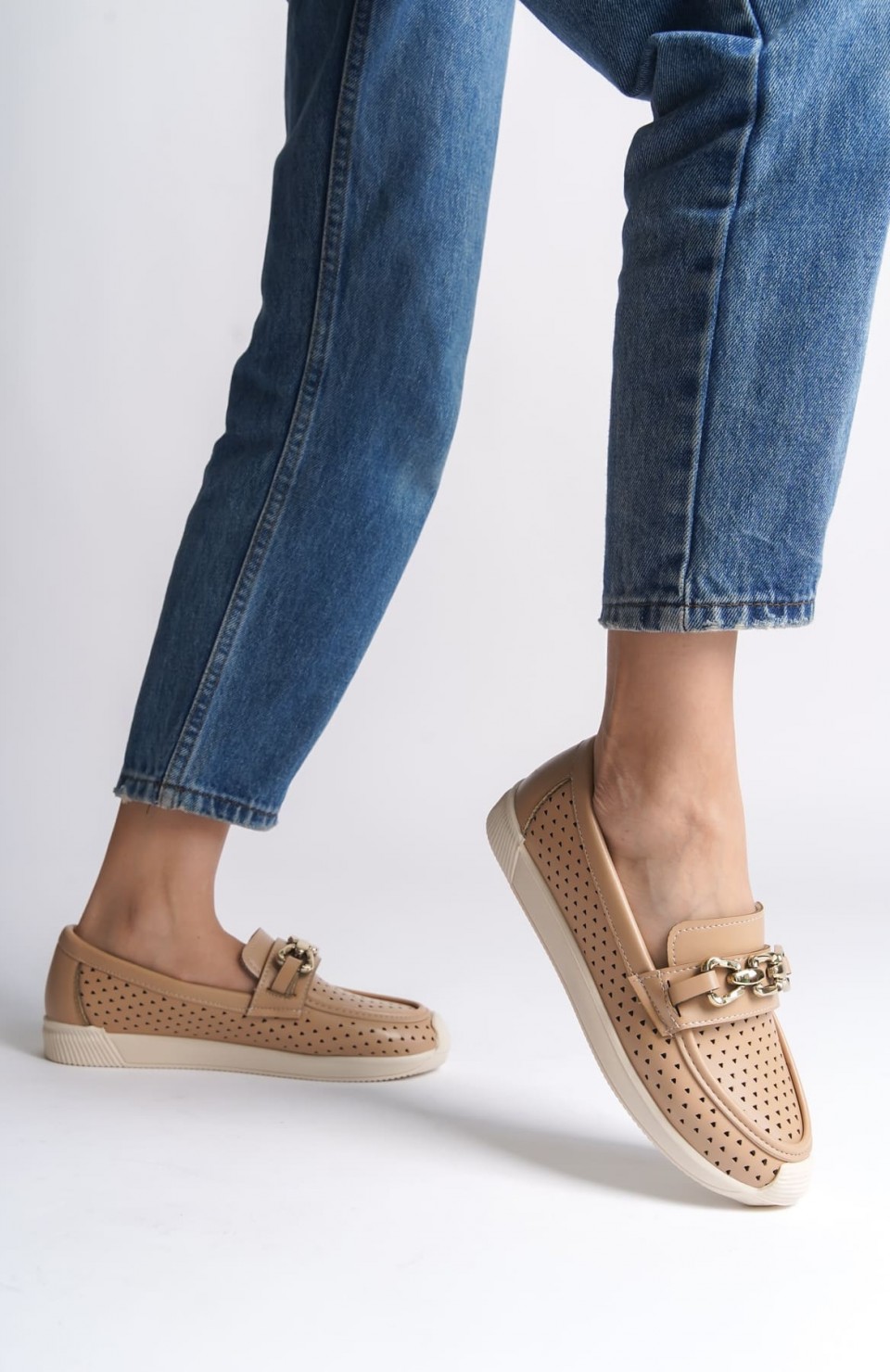 LAYLA Bağcıksız Ortopedik Rahat Taban Kalp Desenli Kadın Babet Ayakkabı CKT - Ten