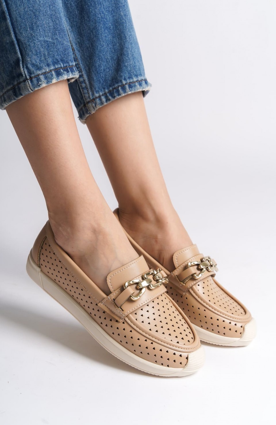 LAYLA Bağcıksız Ortopedik Rahat Taban Kalp Desenli Kadın Babet Ayakkabı CKT - Ten