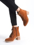 LENA Bağcıklı Fermuarlı Ortopedik Taban Topuklu Süet Kadın Bot STT - Taba