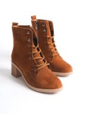 LENA Bağcıklı Fermuarlı Ortopedik Taban Topuklu Süet Kadın Bot STT - Taba