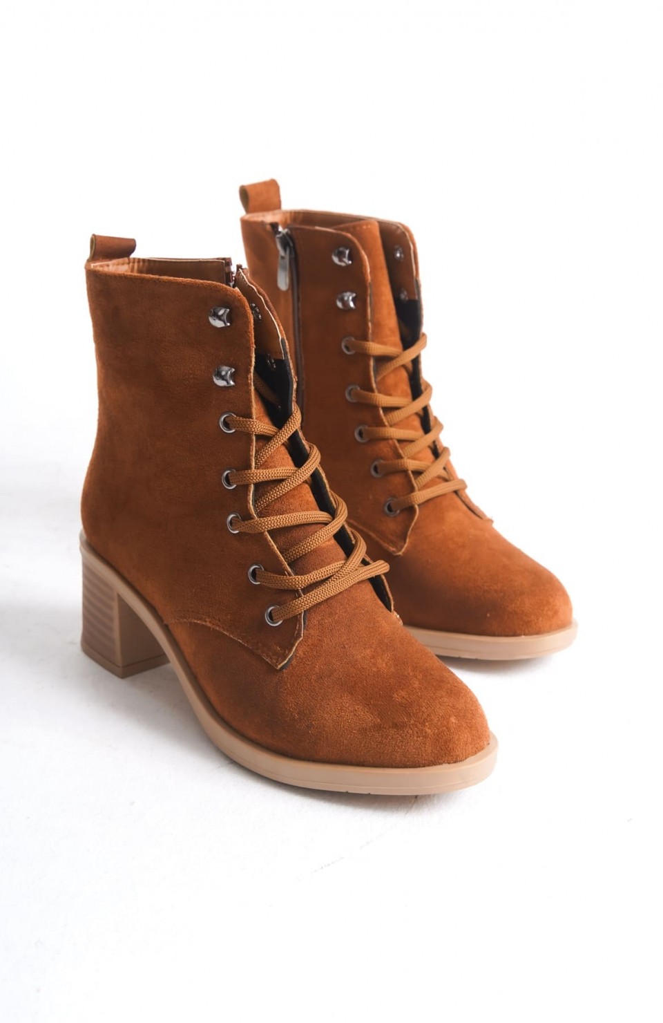 LENA Bağcıklı Fermuarlı Ortopedik Taban Topuklu Süet Kadın Bot STT - Taba