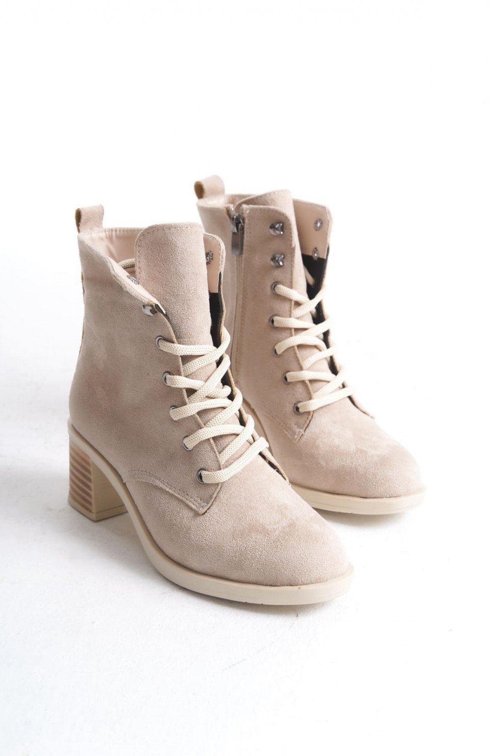 LENA Bağcıklı Fermuarlı Ortopedik Taban Topuklu Süet Kadın Bot  STT - Ten