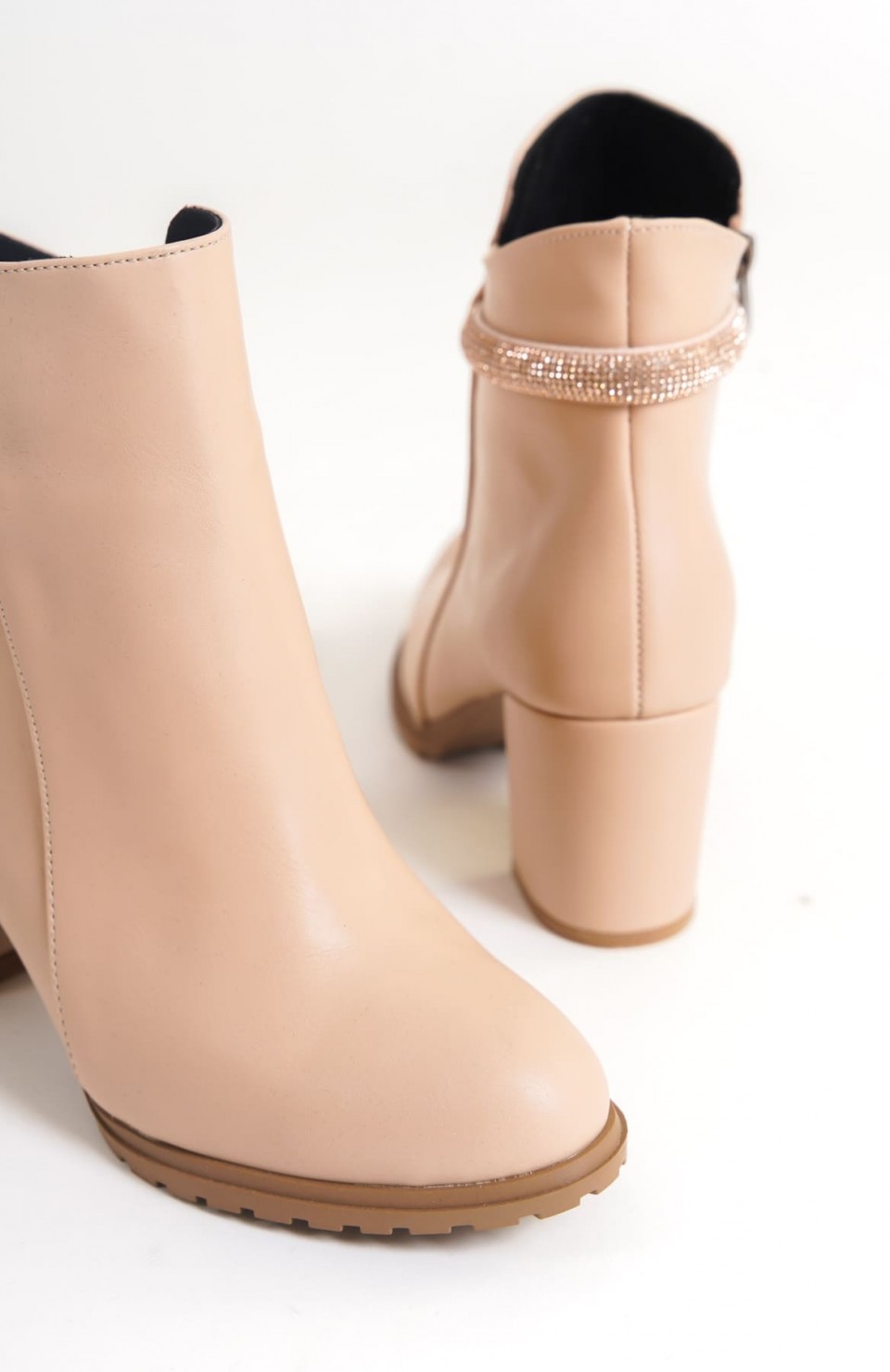 LIA Fermuarlı Ortopedik Taban Taşlı Topuklu Kadın Bot CTT - Ten