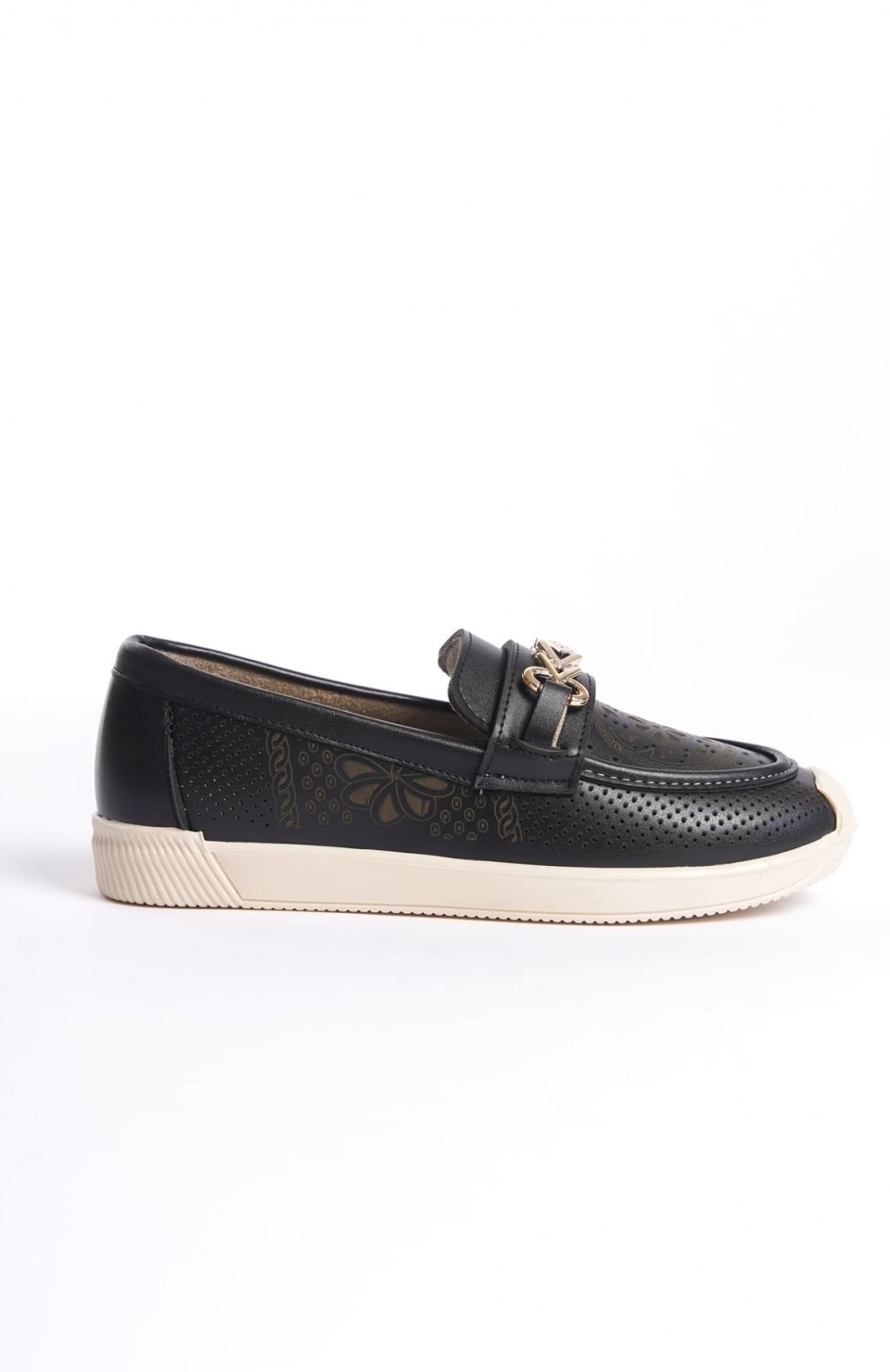 LILY Bağcıksız Ortopedik Rahat Taban Çiçek Desenli Kadın Babet Ayakkabı  CKT - Siyah