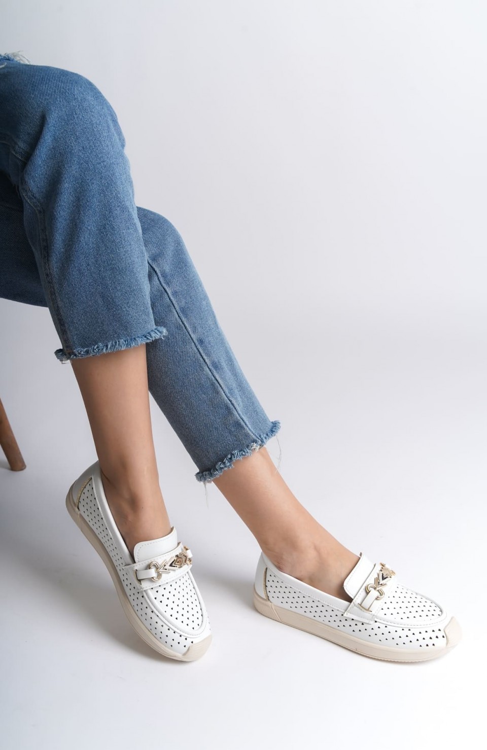 LILY Bağcıksız Ortopedik Rahat Taban Kalp Desenli Kadın Babet Ayakkabı  CKT - Beyaz