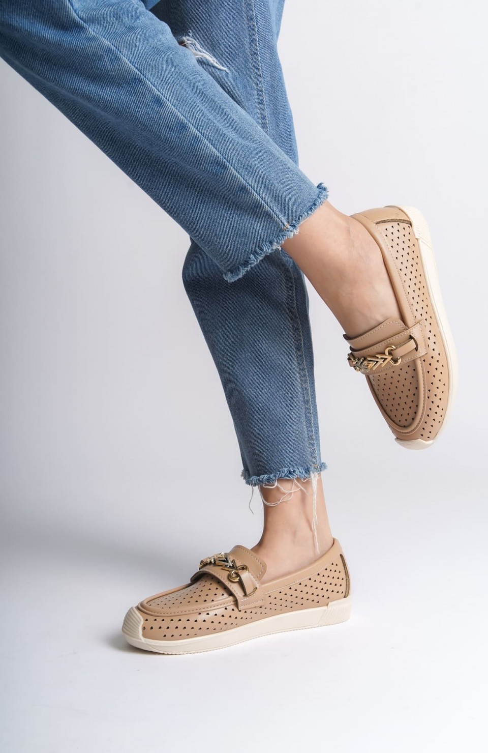 LILY Bağcıksız Ortopedik Rahat Taban Kalp Desenli Kadın Babet Ayakkabı CKT - Ten