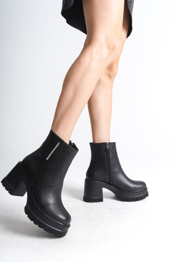 LISSE Fermuarlı Ortopedik Taban Kalın Topuklu Kadın Bot CST - Siyah