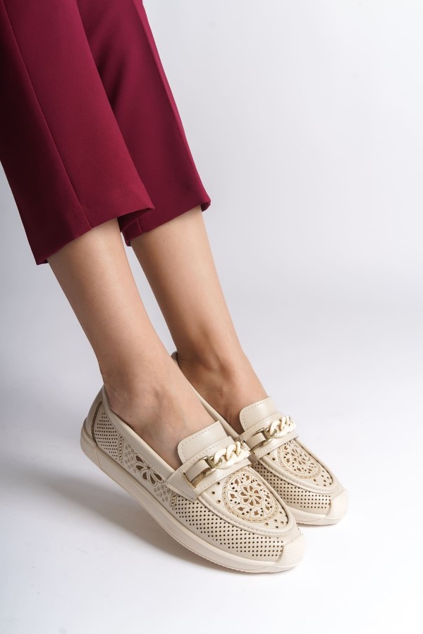 LIZY Bağcıksız Ortopedik Rahat Taban Çiçek Desenli Kadın Babet Ayakkabı  CKT - Krem