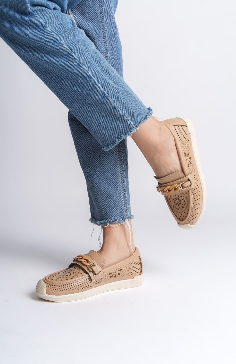 LIZY Bağcıksız Ortopedik Rahat Taban Çiçek Desenli Kadın Babet Ayakkabı CKT - Ten