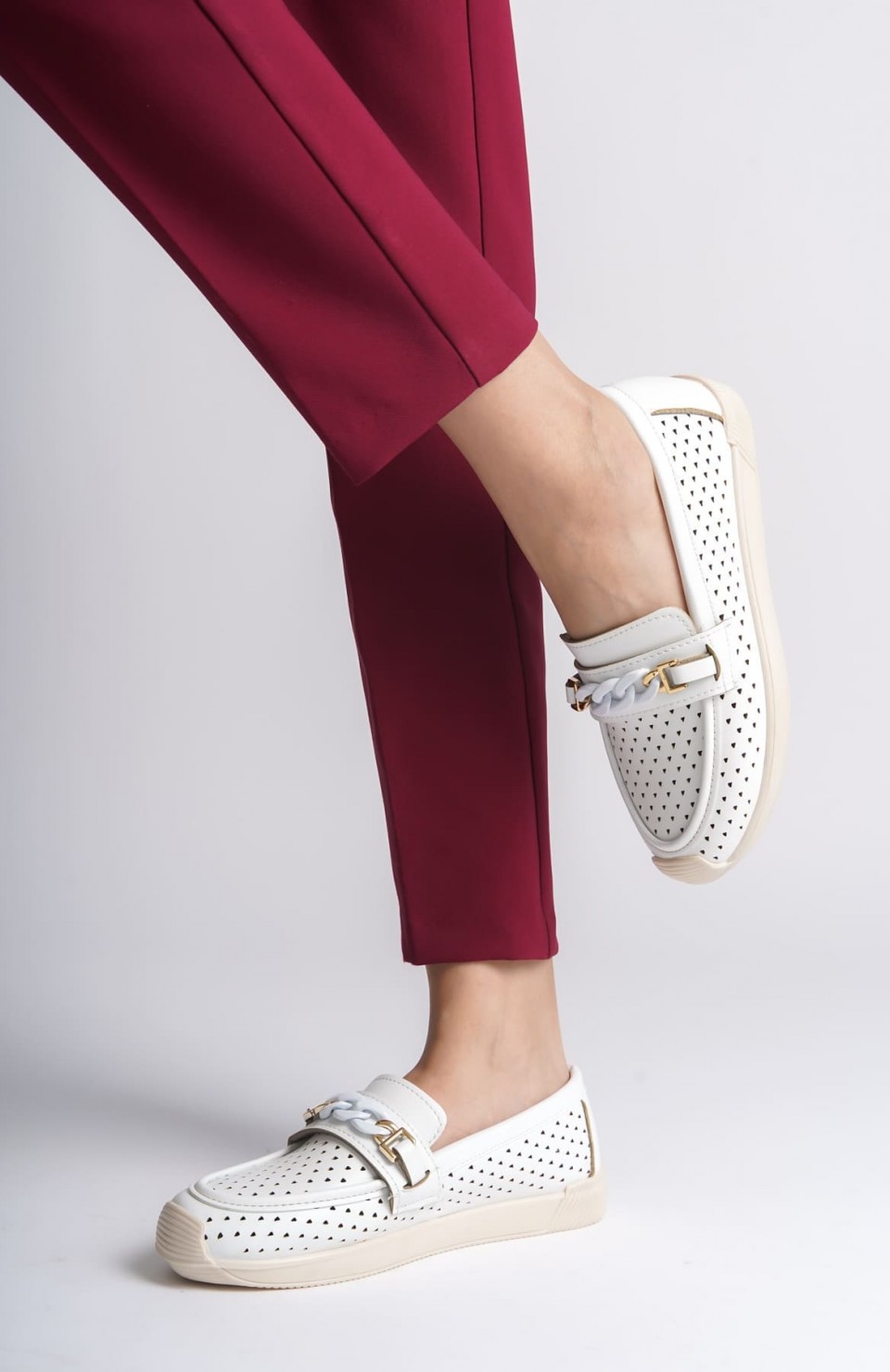 LIZY Bağcıksız Ortopedik Rahat Taban Kalp Desenli Kadın Babet Ayakkabı  CKT - Beyaz