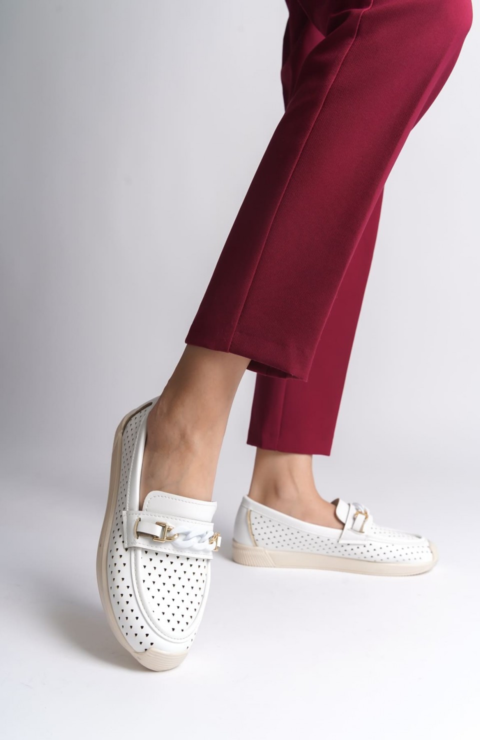 LIZY Bağcıksız Ortopedik Rahat Taban Kalp Desenli Kadın Babet Ayakkabı  CKT - Beyaz