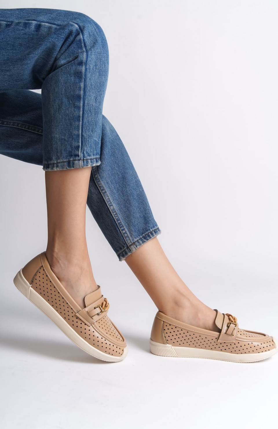 LIZY Bağcıksız Ortopedik Rahat Taban Kalp Desenli Kadın Babet Ayakkabı  CKT - Ten