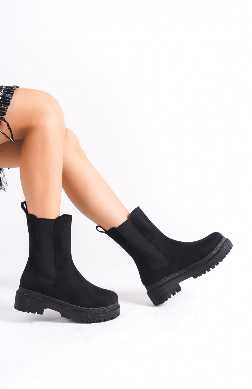 LORA Bağcıksız Lastikli Süet Ortopedik Taban Kadın Bot SST - Siyah