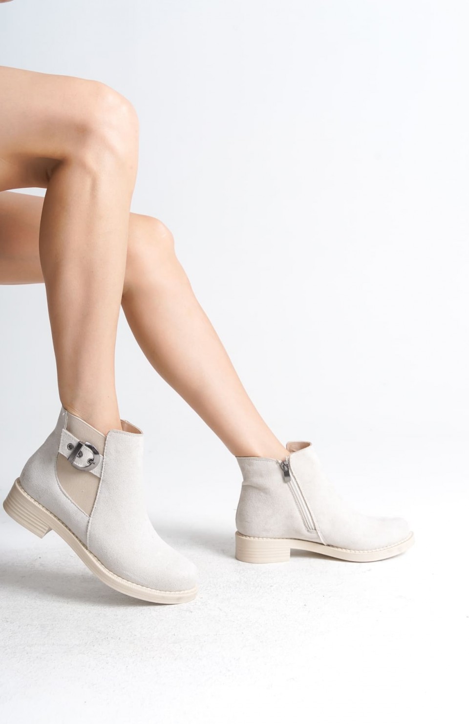 LUNA Fermuarlı Lastikli Ortopedik Taban Topuklu Süet Kadın Bot SKT - Krem