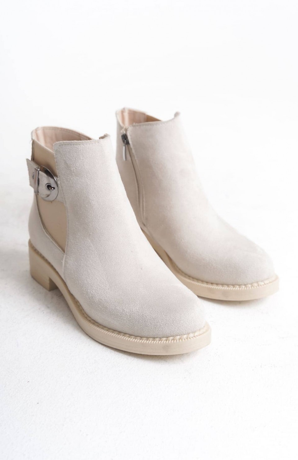 LUNA Fermuarlı Lastikli Ortopedik Taban Topuklu Süet Kadın Bot SKT - Krem