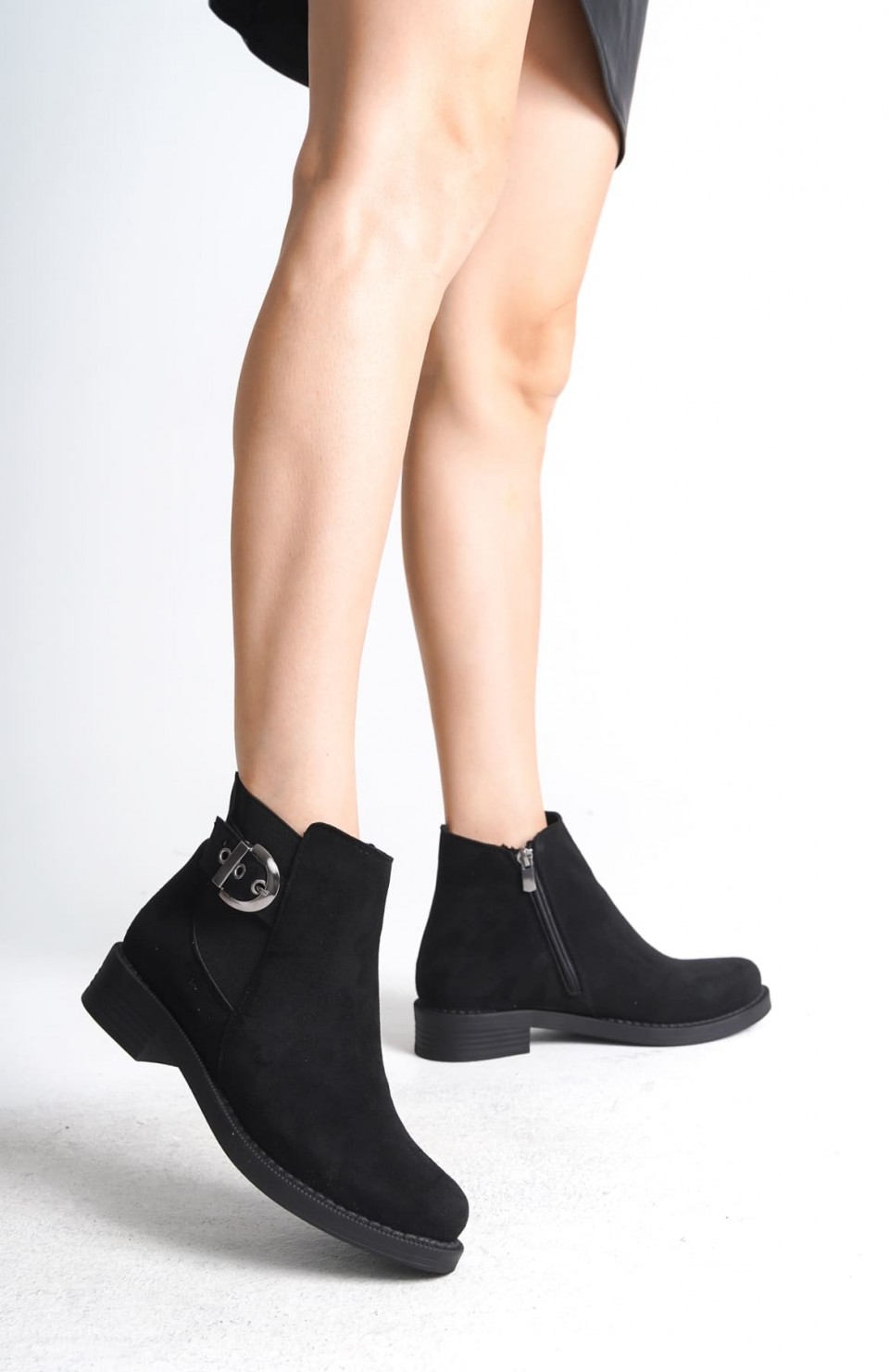 LUNA Fermuarlı Lastikli Ortopedik Taban Topuklu Süet Kadın Bot  SST - Siyah