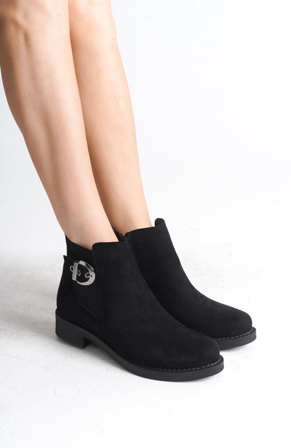 LUNA Fermuarlı Lastikli Ortopedik Taban Topuklu Süet Kadın Bot  SST - Siyah