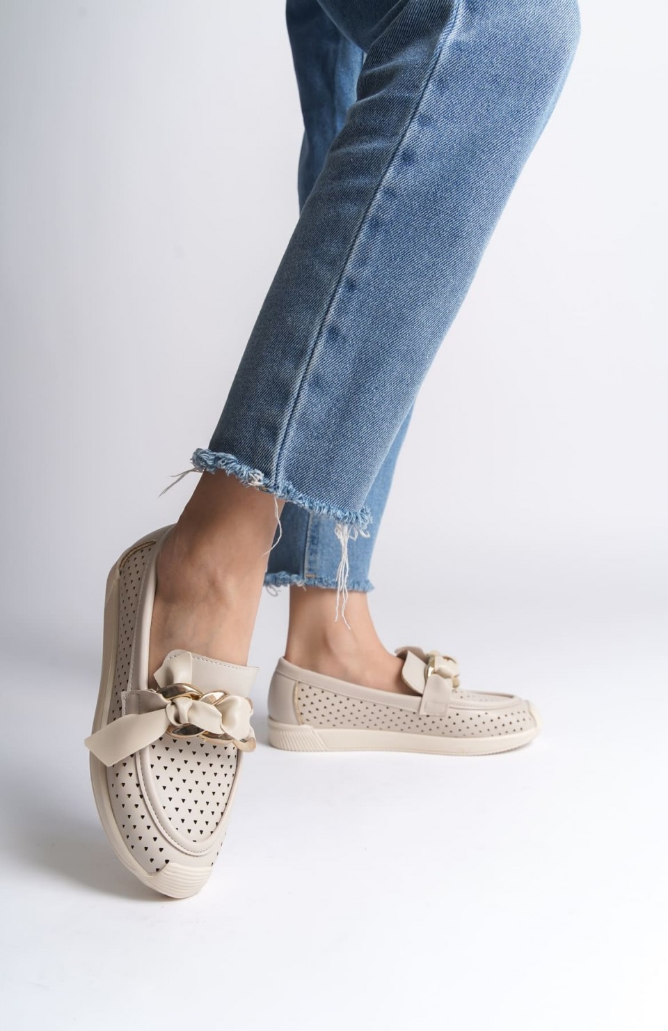 LYDIA Bağcıksız Ortopedik Rahat Taban Kalp Desenli Kadın Babet Ayakkabı  CKT - Krem