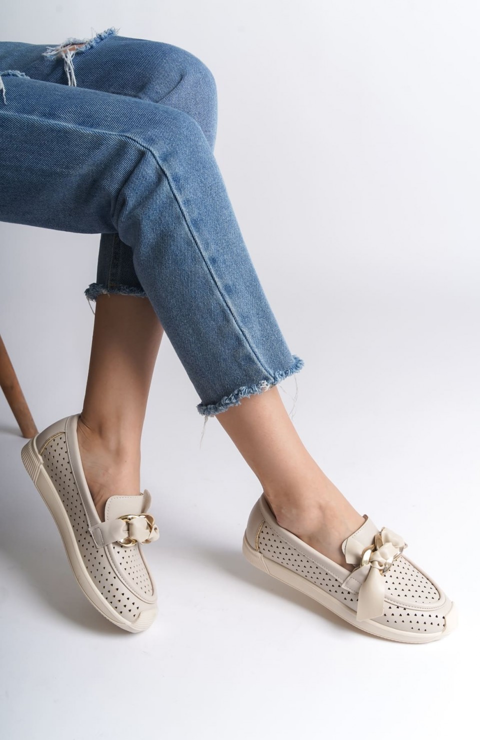 LYDIA Bağcıksız Ortopedik Rahat Taban Kalp Desenli Kadın Babet Ayakkabı  CKT - Krem