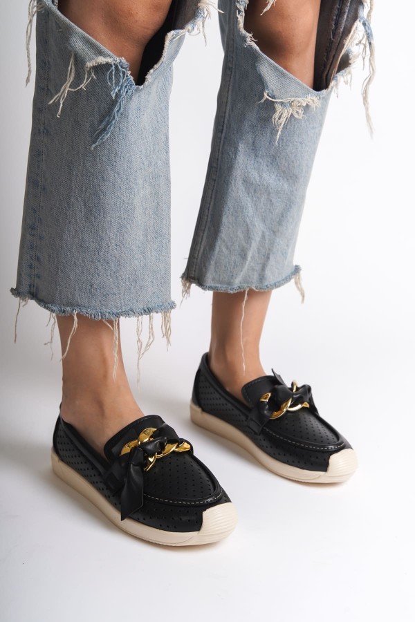 LYDIA Bağcıksız Ortopedik Rahat Taban Kalp Desenli Kadın Babet Ayakkabı  CKT - Siyah