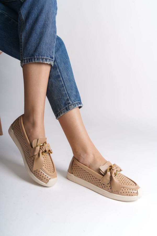 LYDIA Bağcıksız Ortopedik Rahat Taban Kalp Desenli Kadın Babet Ayakkabı CKT - Ten