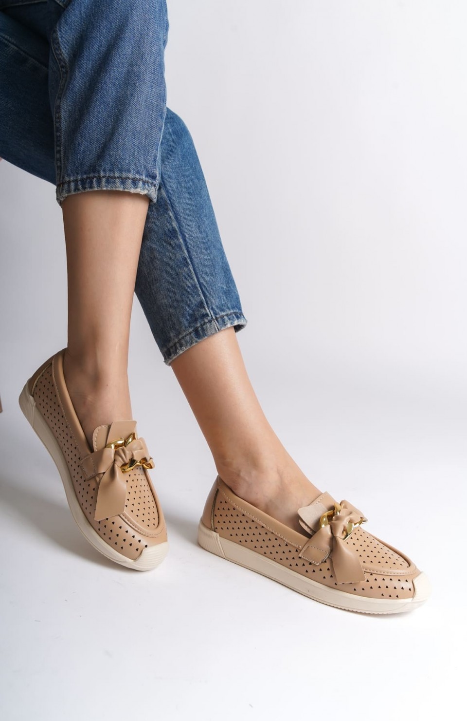 LYDIA Bağcıksız Ortopedik Rahat Taban Kalp Desenli Kadın Babet Ayakkabı CKT - Ten