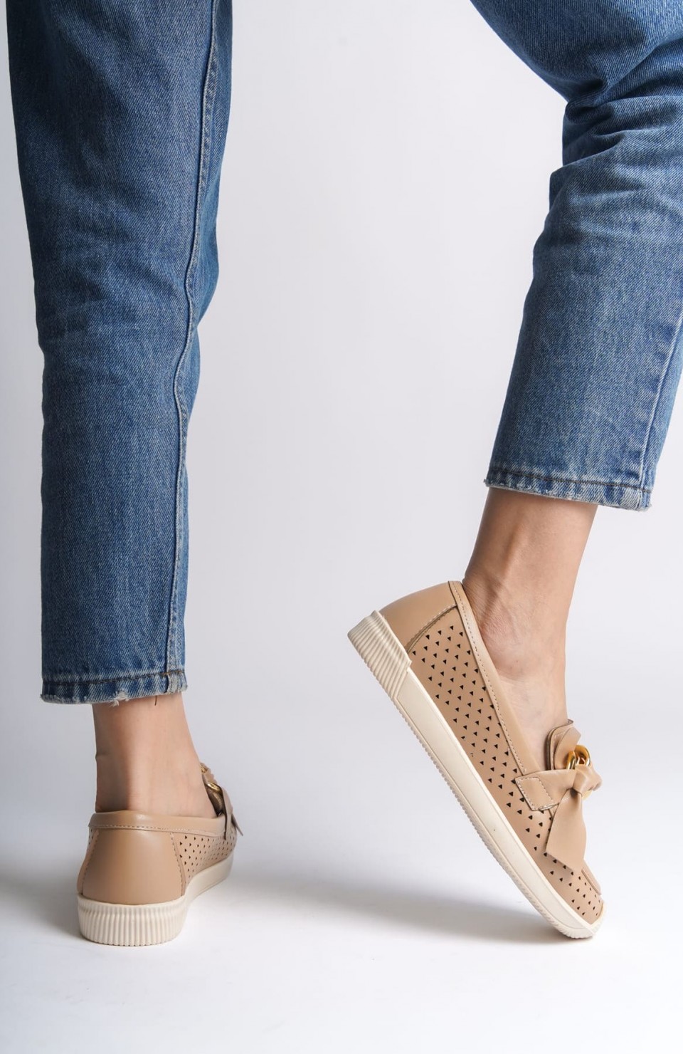 LYDIA Bağcıksız Ortopedik Rahat Taban Kalp Desenli Kadın Babet Ayakkabı CKT - Ten