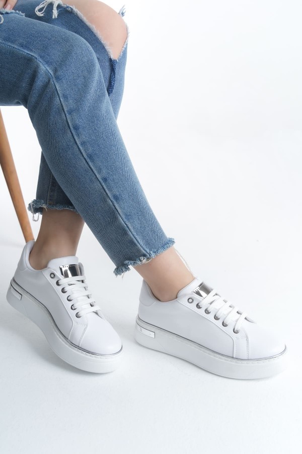 MINA Bağcıklı Ortopedik Taban Kadın Sneaker Spor Ayakkabı  CBT - Beyaz/Gümüş