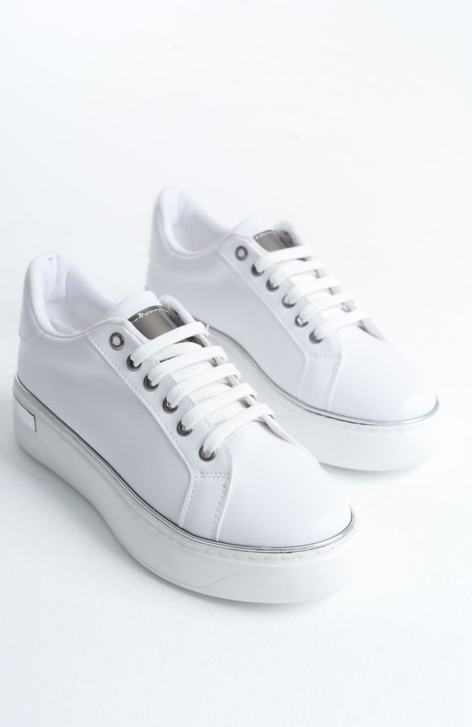 MINA Bağcıklı Ortopedik Taban Kadın Sneaker Spor Ayakkabı  CBT - Beyaz/Gümüş