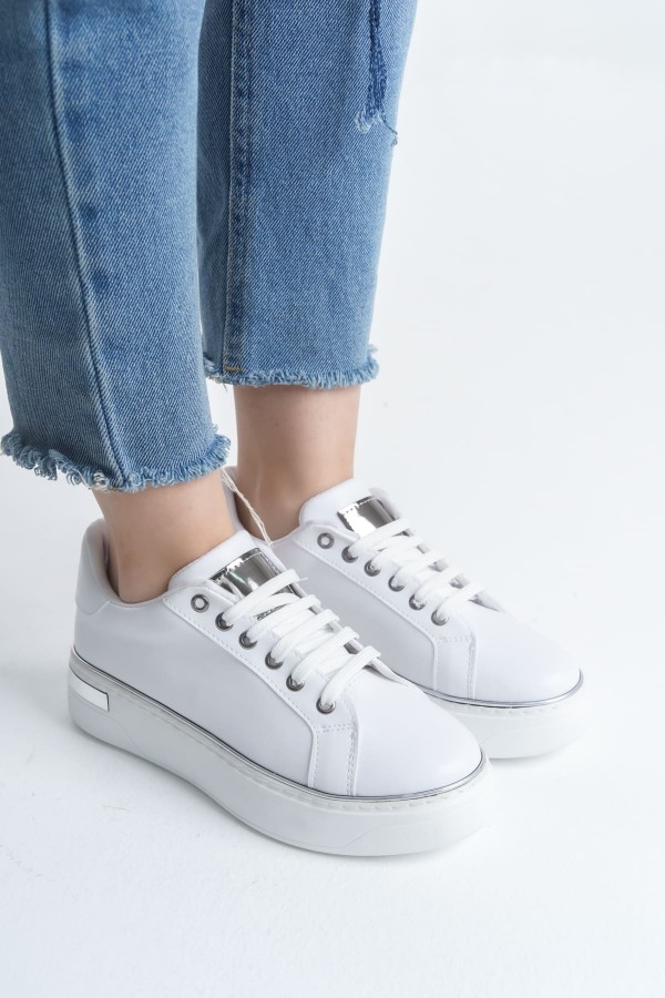 MINA Bağcıklı Ortopedik Taban Kadın Sneaker Spor Ayakkabı  CBT - Beyaz/Gümüş