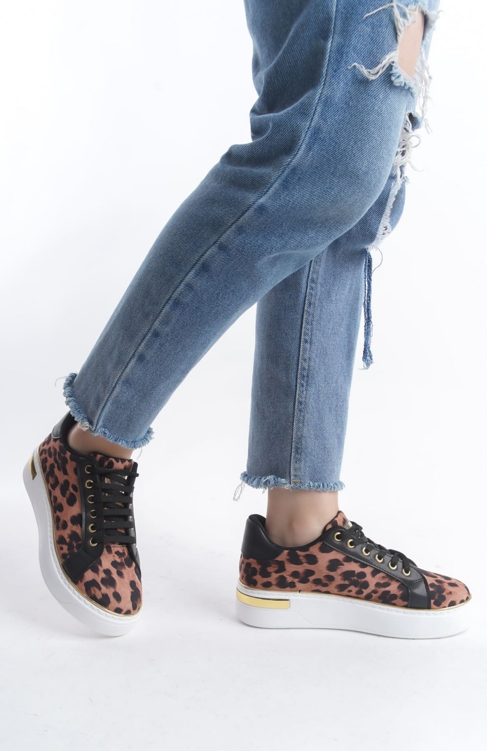 MINA Bağcıklı Ortopedik Taban Leopar Desenli Kadın Sneaker Spor Ayakkabı  TBT - Kahverengi