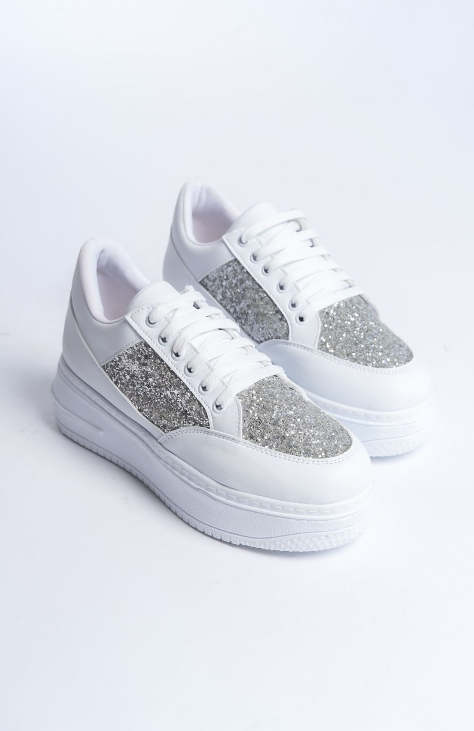 MIPA Bağcıklı Ortopedik Taban Simli Kadın Sneaker Spor Ayakkabı  CBT - Beyaz