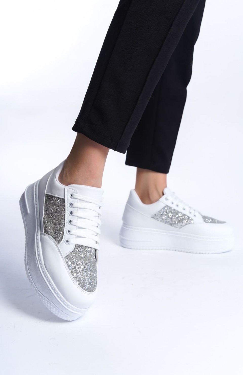 MIPA Bağcıklı Ortopedik Taban Simli Kadın Sneaker Spor Ayakkabı  CBT - Beyaz