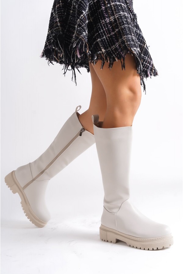 MIRA Bağcıksız Fermuarlı Ortopedik Taban Kadın Çizme CKT - Krem