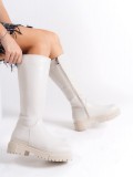 MIRA Bağcıksız Fermuarlı Ortopedik Taban Kadın Çizme CKT - Krem
